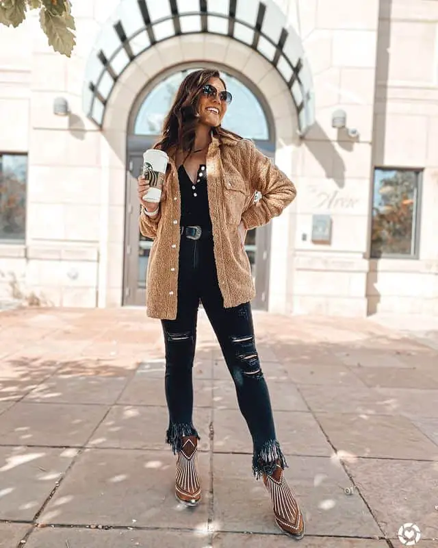 Black Bodysuit + Sherpa Jacket + Black Distressed Jeans + Cowboy Booties