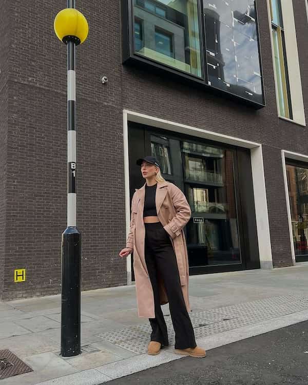 Black Crop Top + High Waist Flared Trousers + Trench Coat + Ugg Boots + Face Cap