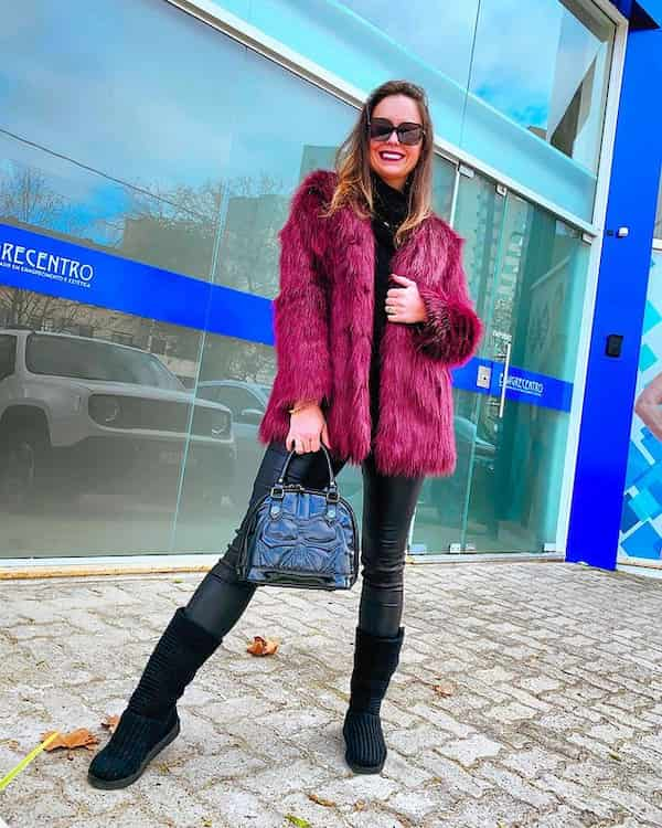 Black Plain Top + Fur Jacket + Black Jeans + Above-ankle Boots + Handbag + Sunglasses