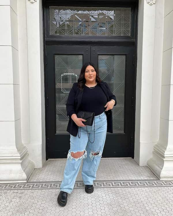 Black Shirt + Black Blazer + Ripped Jeans + Sneakers + Clutch