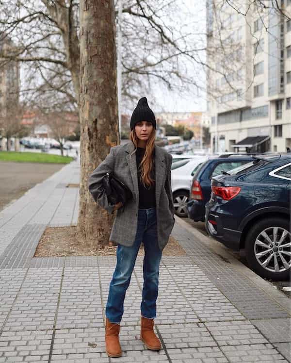 Black Top + Blue Jeans + Oversized Coat + Ankle –High Ugg Boots + Sweat Cap