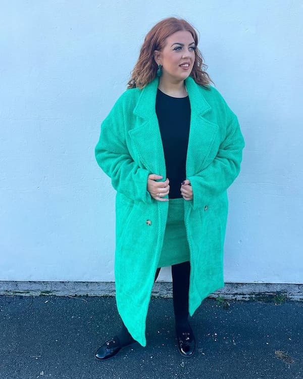 Black Top + Green Skirt + Green Trench Coat + Boots