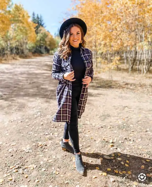 Black Top + Oversized Flannel + Leggings + Boots + English Hat