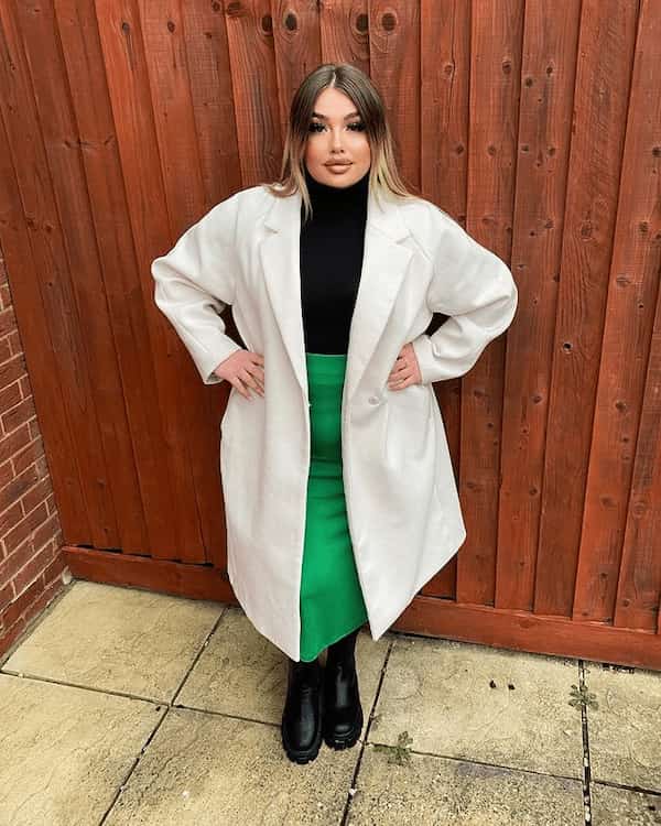 Black Turtle Neck Top + Green Midi Skirt + Trench Coat + Boots(1)