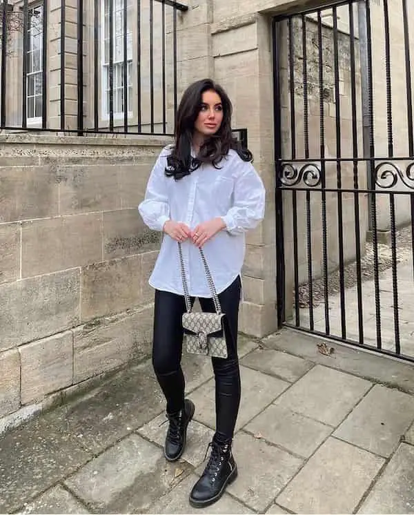 Button Down White Shirt + Black Distressed Jeans + Sneakers