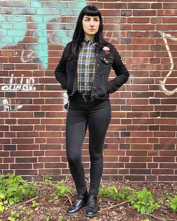 Button-down Shirt + Black Denim Jacket + Black Jeans + Boots