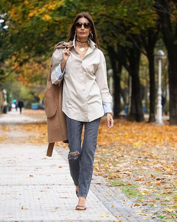 Button-down Shirt + Single Ripped Grey Pants + Heels + Sunglasses