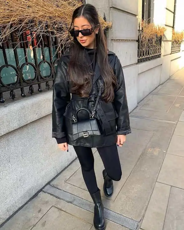 Buttoned Up Leather Jacket + Skinny Pants + Boots + Handbag + Sunglasses