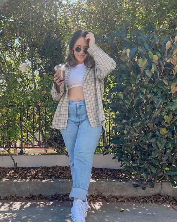 Chic Crop Top + Oversized Flannel + Mums Jeans + Sneakers + Sunglasses