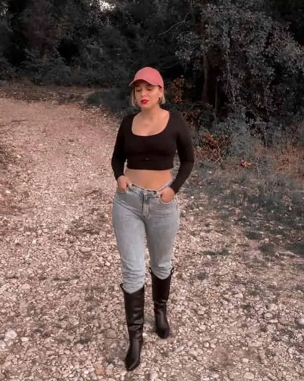 Crop Long Sleeve Shirt + Gray Jeans+ Thigh Boots + Face Cap