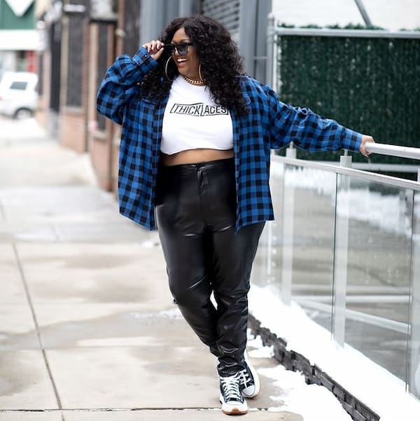 Crop Top + Oversized Flannel + Leather Pants + Sneakers