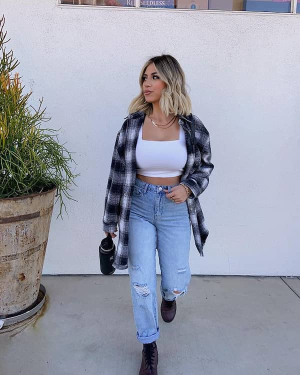 Crop Top + Oversized Flannel + Loose-fitted Jeans + Boots