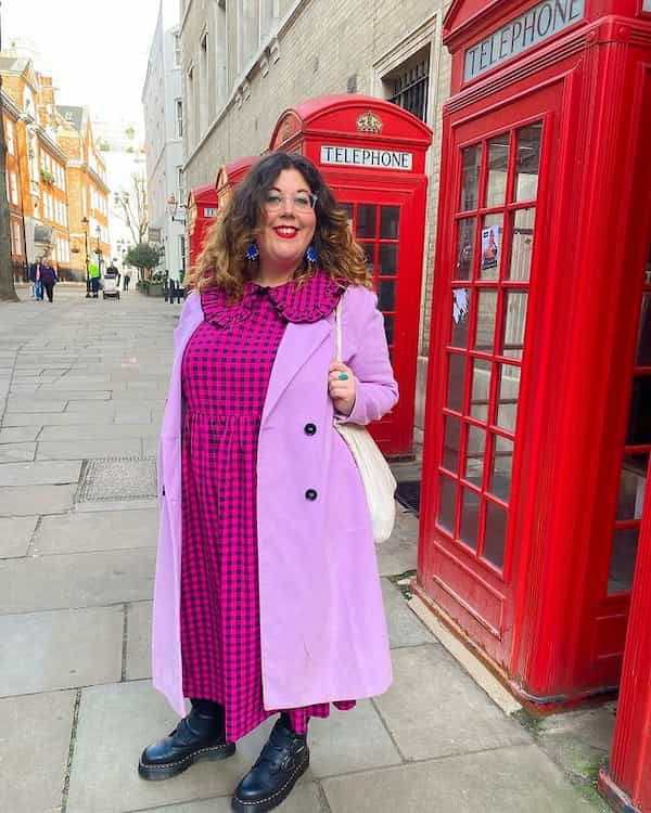 Dark Pink Print Maxi Gown + Lilac Trench Coat + Black Boots + Handbag(1)