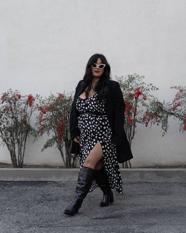 Dotted Print Midi Gown with Left High Slit + Black Blazer + Knee-high Boots + Sunglasses