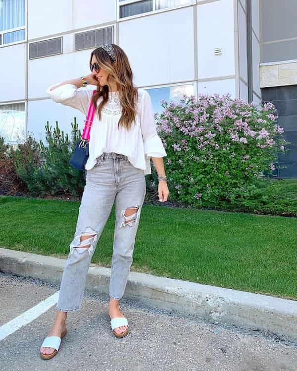 Embroided Flowy Top + Ripped Grey Jeans + Loafers + Handbag + Sunglasses