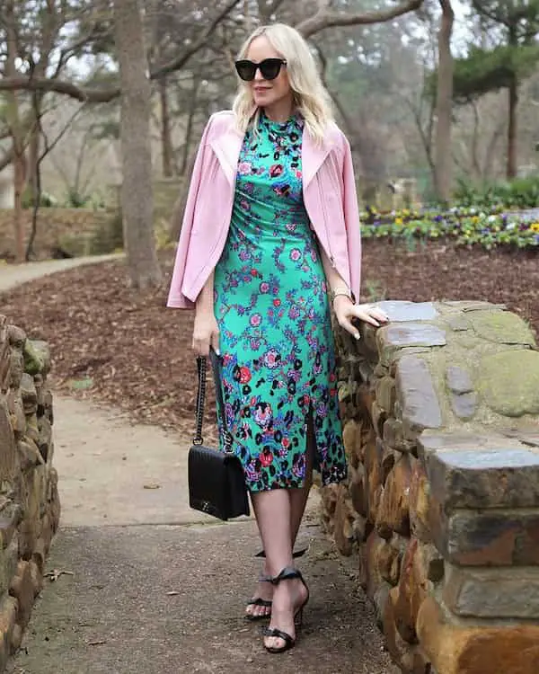 Floral Animal Knit Midi Dress + Blazer + Heels + Handbag + Sunglasses