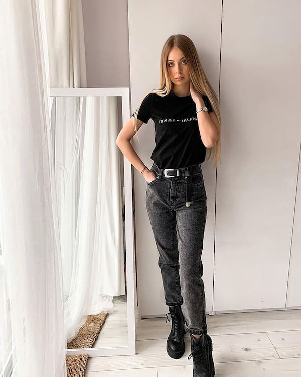 Graphic Black Tee + Grey Pants + Boots