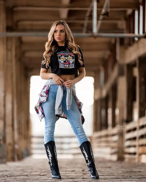 Graphic Crop Top + Blue Jeans + Knee-High Boots