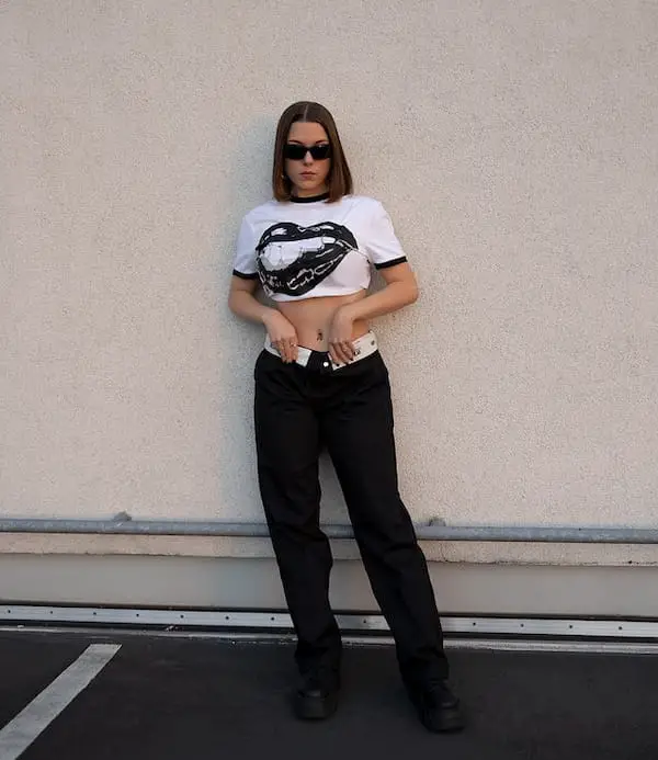 Graphic Crop Top + Dickies Pants + Boots + Sunglasses