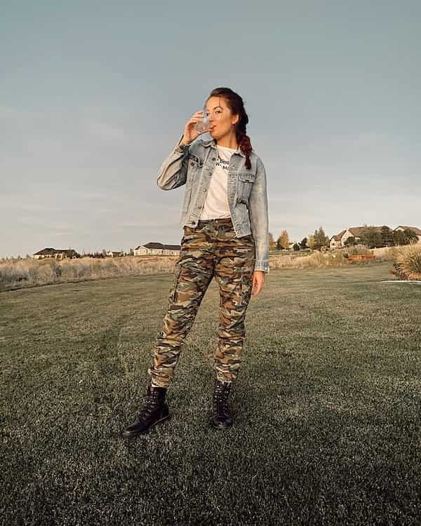 Graphic Tee + Jean Jacket + Army Dickies Pants + Boots