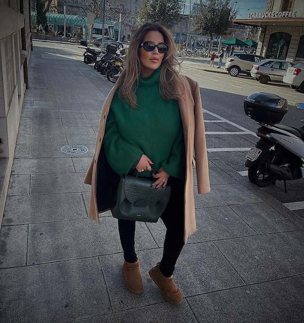 Green Oversized Winter Shirt + Trench Coat + Skinny Pants + Ugg Boots
