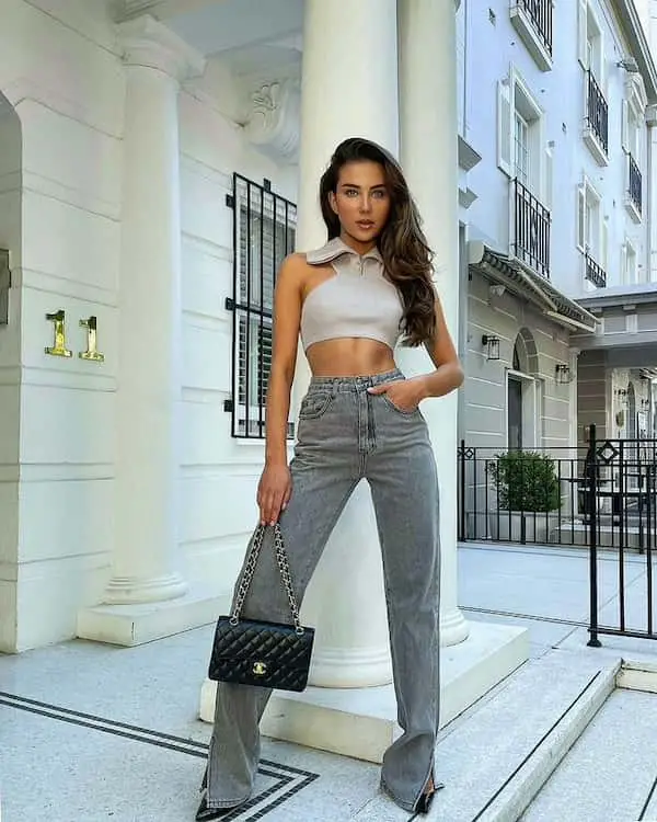 Grey Body Suit + Grey Slit Flared  Jeans + Heels + Handbag