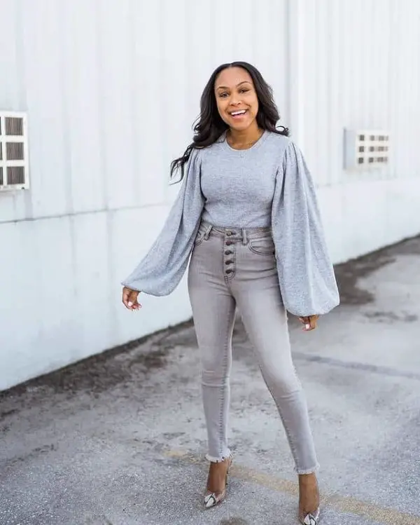 Grey Bodysuit + High Waist Grey Jeans + Heels