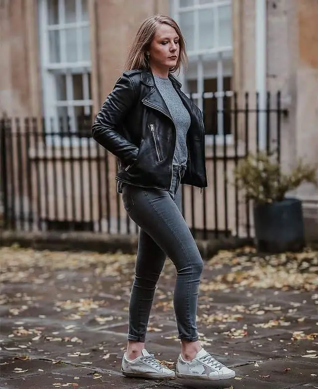 Grey Tee + Black Leather Jacket + Grey Jeans + Sneakers