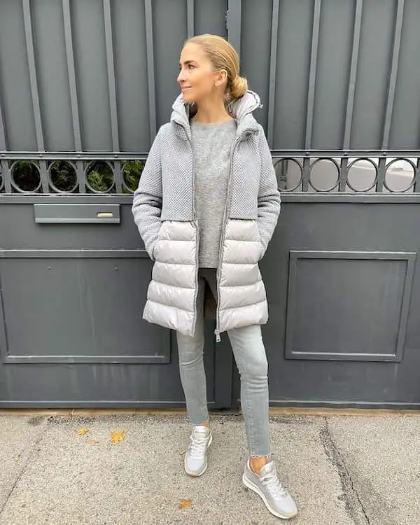 Grey Tee + Winter Jacket + Grey Jeans + Sneakers