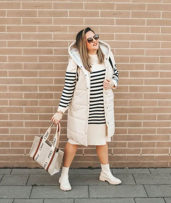 Knee-Length Peach Gown + Hoodie Jacket + Ankle Boots + Handbag