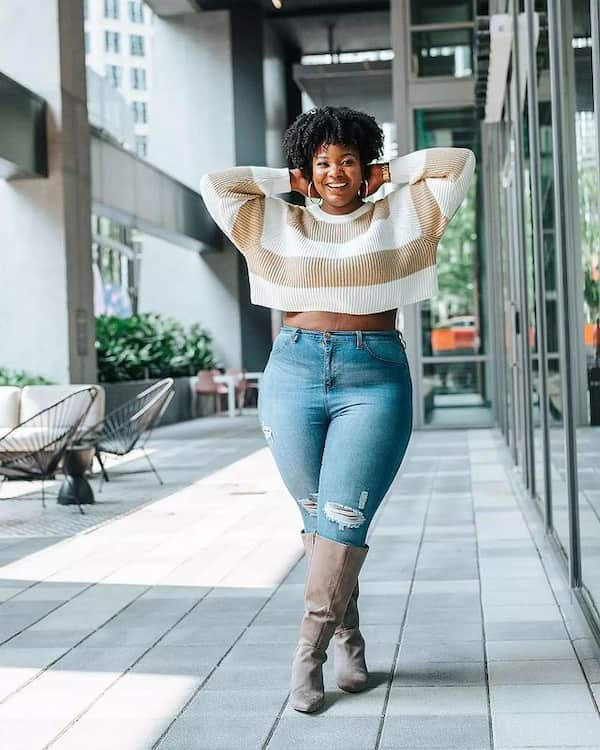 Knitted Crop Top + High WAIST Jeans + Knee-high Boots