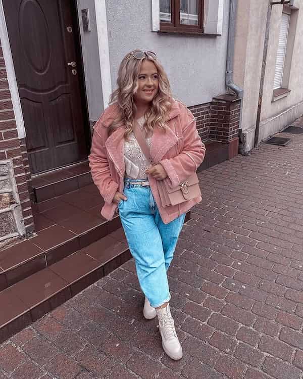 Lace Top + Peach Fur Jacket + Jeans + Ankle-length Boots + Cross Shoulder Bag(1)