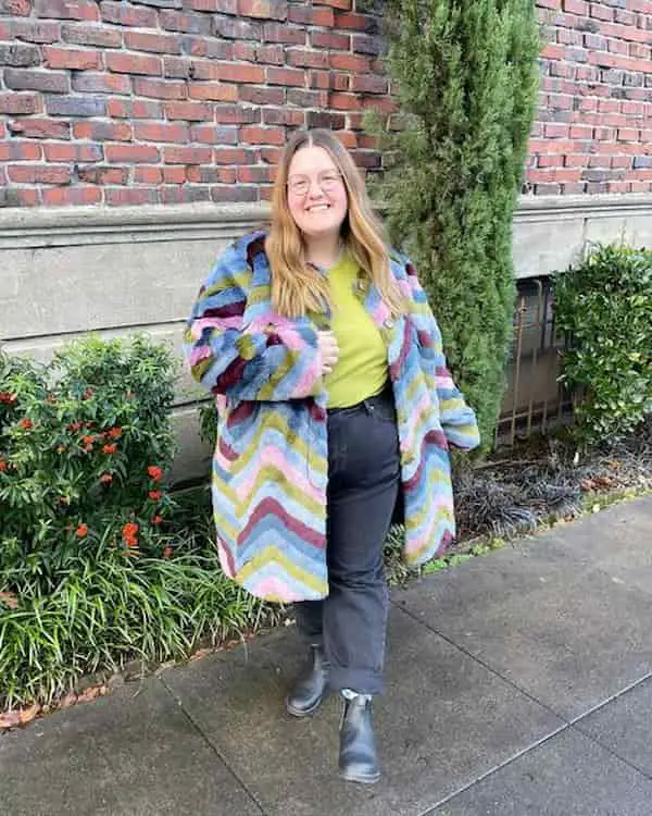 Lemon Tee + Rainbow Jacket + Gray Jeans + Boots