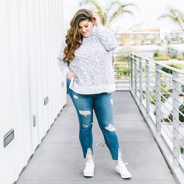 Leopard Sweat Shirt + Ripped Jeans + Sneakers