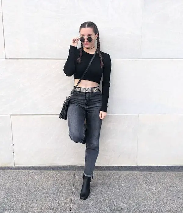 Long Sleeve Crop Top + Grey Jeans + Boots + Handbag + Sunglasses