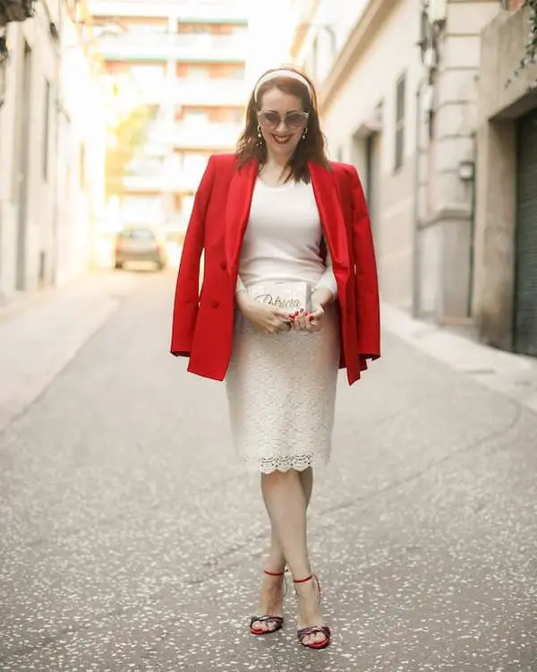 Long Sleeve Top + Lace Skirt + Blazer + Heels + Clutch + Sunglasses