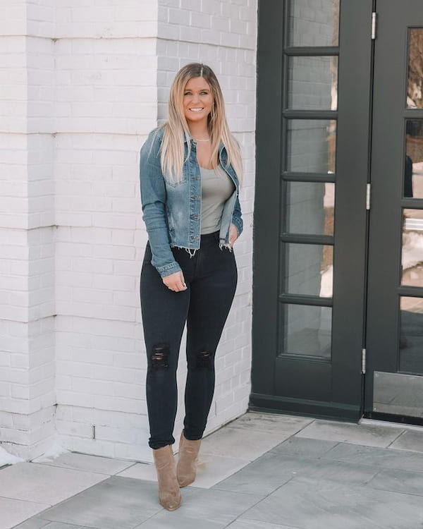 Neutral Coloured Vest + Denim Jacket + High Waist Black Jeans + Boots