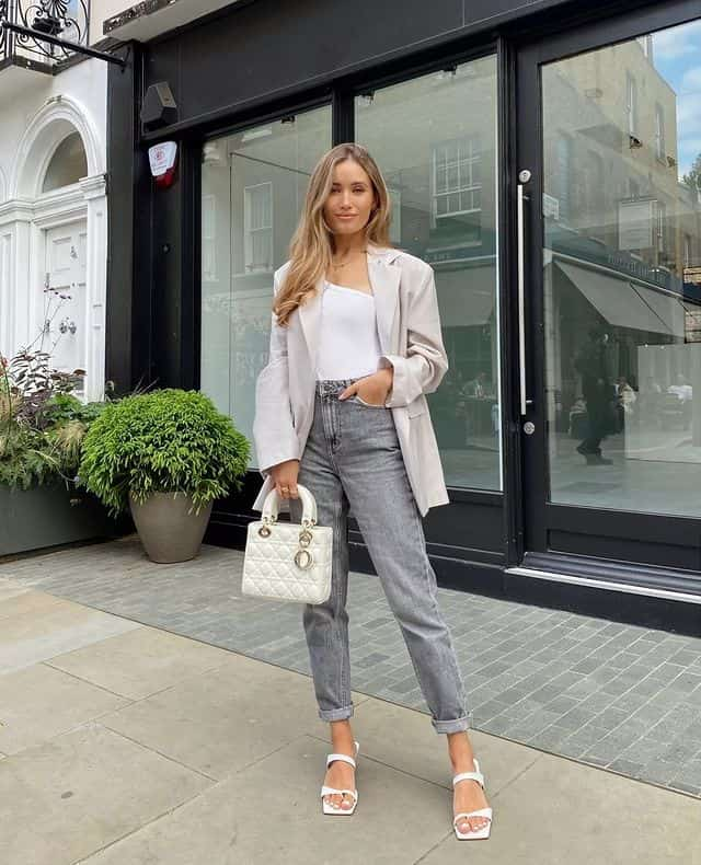 One-Handed Top + Oversized Blazers + Grey Jeans + Heels + Handbag