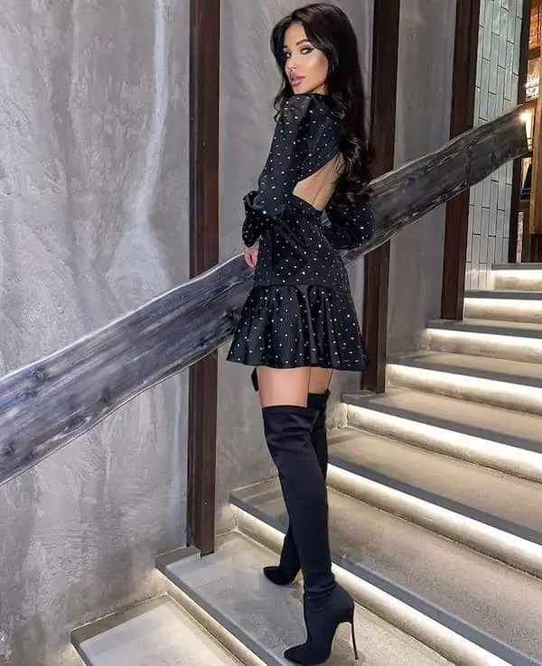 Open Backside Dotted Black Dress + Thigh Boots