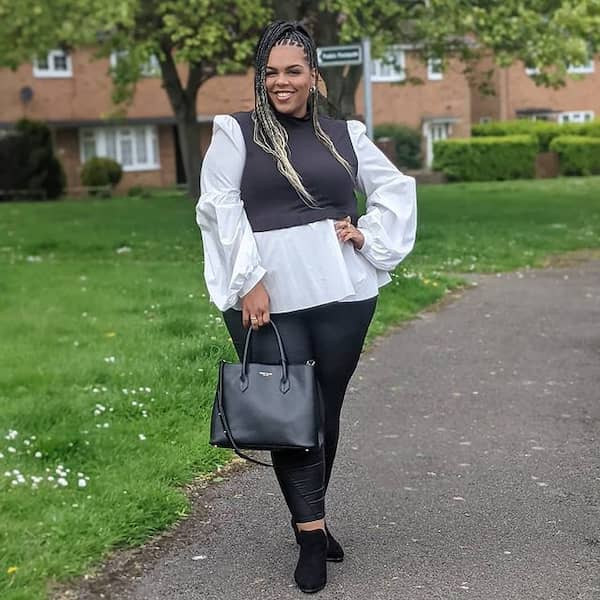 Oversized White Shirt + Vest + Black Pant + Sneakers + Handbag