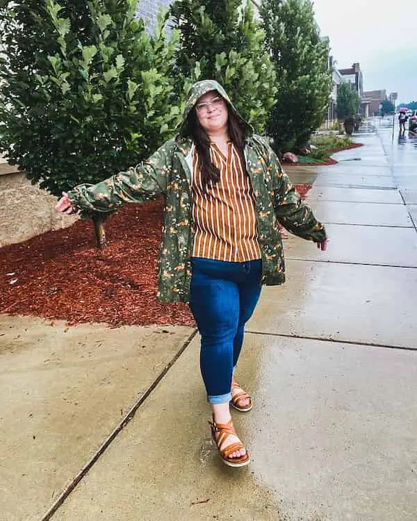 Patterned Shirt + Floral Jacket + Blue Jeans + Sandals