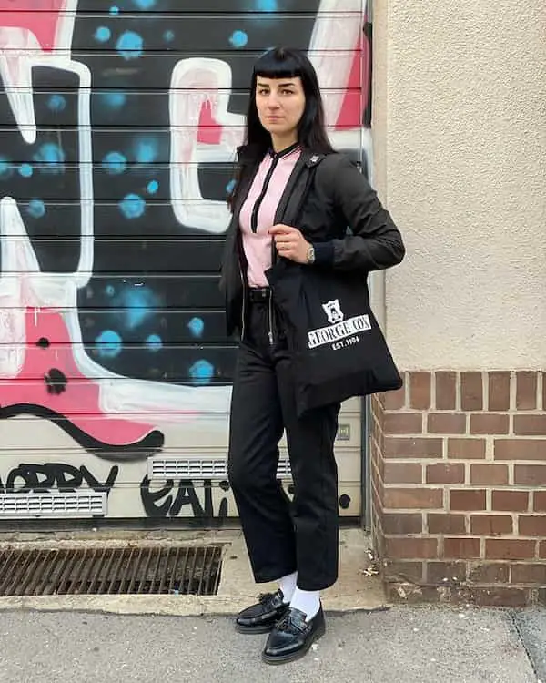 Peach Shirt + Blazers + Dickies pants + Loafers + Handbag