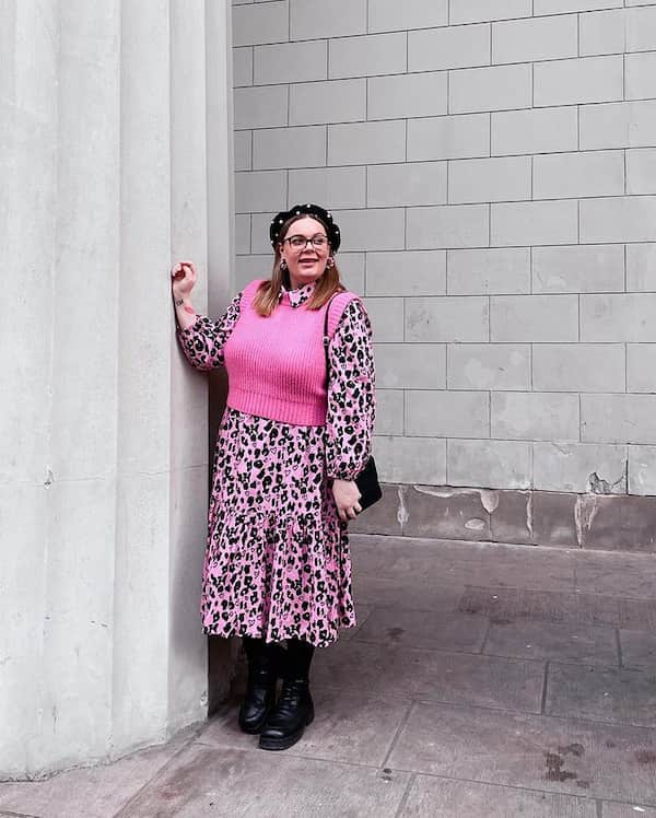 Pink Floral Maxi Gown + Pink Sweat  Vest + Handbag+ Hair Scarf + Boots