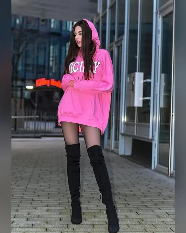 Pink Hoodie + Thigh-High Boots
