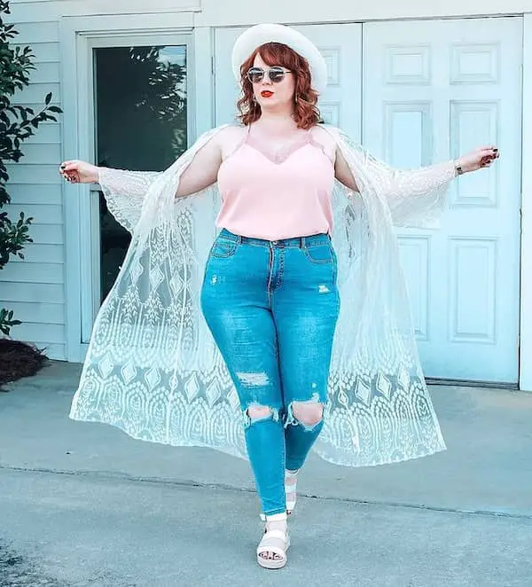 Pink Spaghetti Handed Top + Lace Crochet Duster + High Wsist Ripped Jeans + Sandals + English Hat + Sunglasses