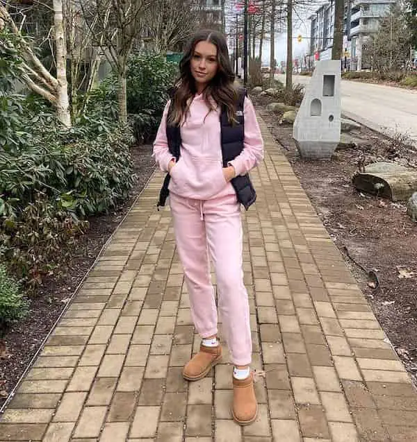 Pink Sweat Set + Black Vest+ Ugg Boots