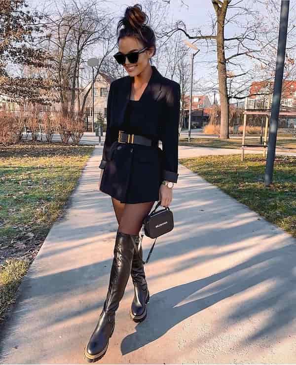 Plain Long Sleeve Top + Leather Skirt with Long Zipper at the back + Knee-High Boots