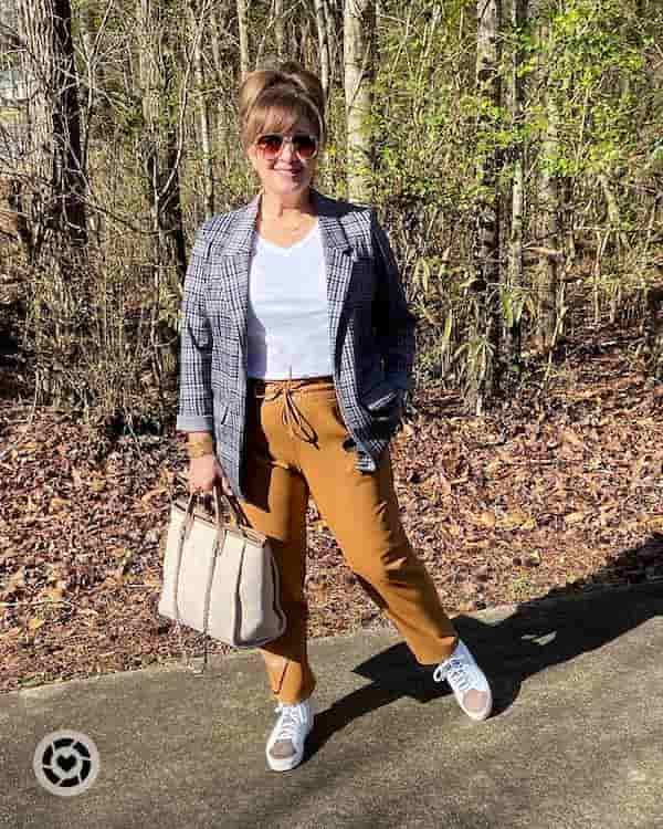 Plain Shirt + Blazer + Ugg Pant + Sneakers + Handbag + Sunglasses