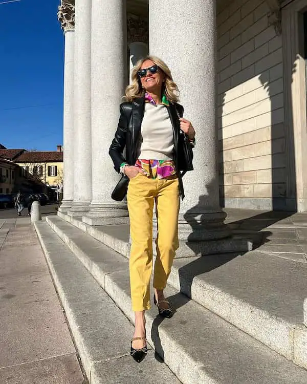 Plain Shirt + Pant + Leather  Blazer + Heels + Sunglasses