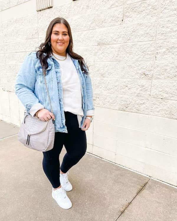 Plain Tee + Blue Jean Jacket + Leggings + Sneakers + Handbag